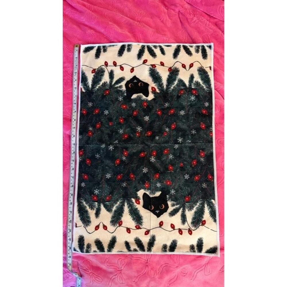 Black Cat Christmas Kitchen Towel Holiday Tree Lights Cute Winter Decor 18x25
